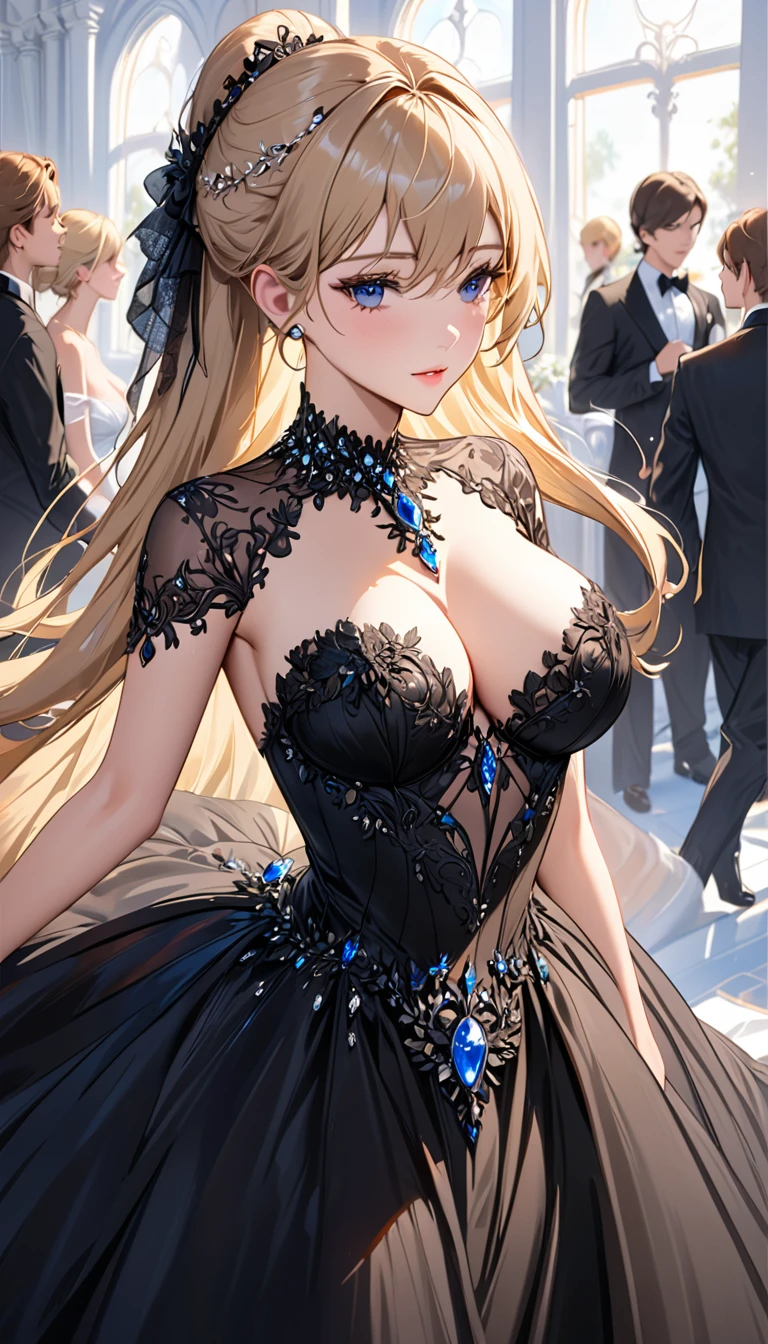 masterpiece:1.4,best-quality,Super Detail,Very Delicate and Beautiful, (((nsfw, beautiful girlfriend, black ball gown with jewel, gorgeous, elegant, noble))), gigantic tits, slender, blonde hair