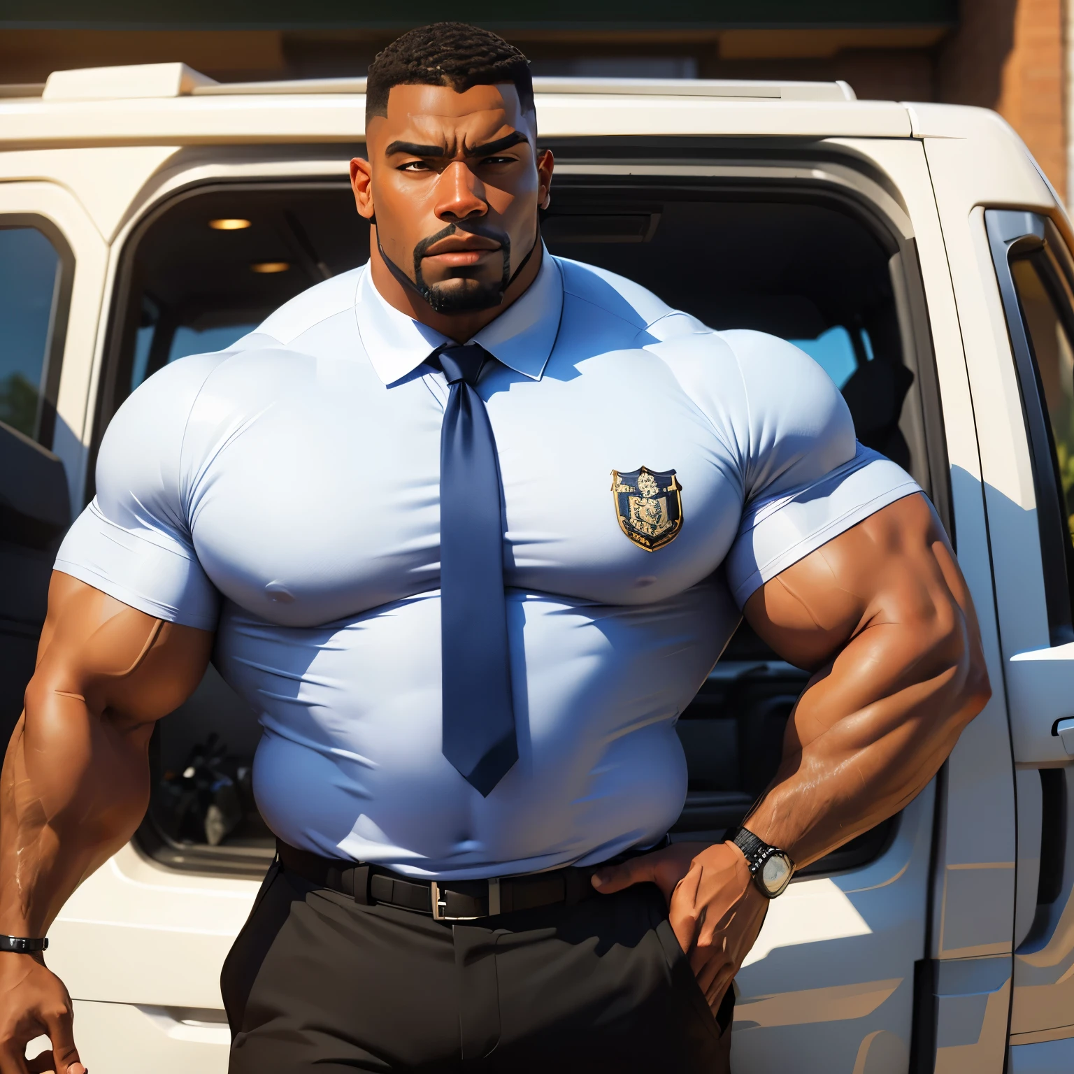 an exaggeratedly muscular and large bodyguard, beefy build, beard, dark-skinned african american male, buzzcut hair with square line, surprised expression, (wearing white collar blue business polo 1.2), company logo patch on shirt, (bara pecs: 1.3), (arm and chest hair: 1.1), portrait HD, (post office)