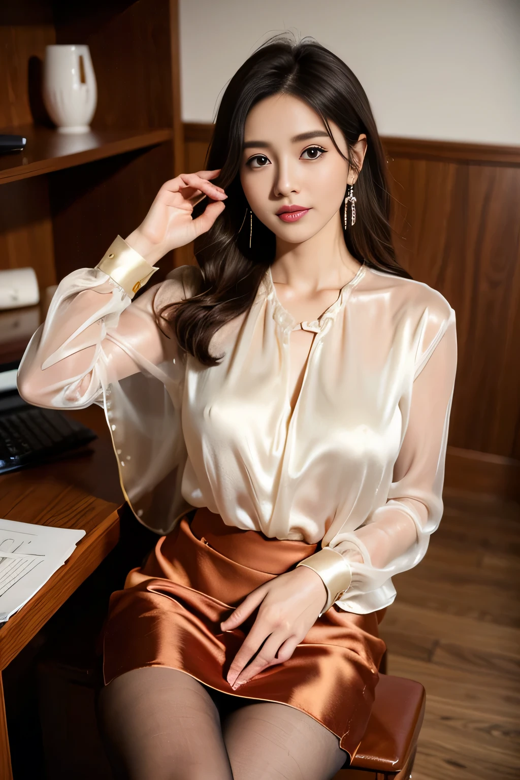 Ulchan-6500-v1.1, (Raw photo:1.2), (Photoreal), (See-through:1.3), (genuine:1.4), １with a girl、25 years old、game_nffsw, big eyes(eye), smile of shame、brown semi-long hair、curly hair、pretty girl、(Elegant silk blouse:1.3), (super realistic pantyhose:1.2), (mini skirt:1.2), sitting in the office and working at the desk、realistic skin texture、shiny skin、big earrings、thin lips
