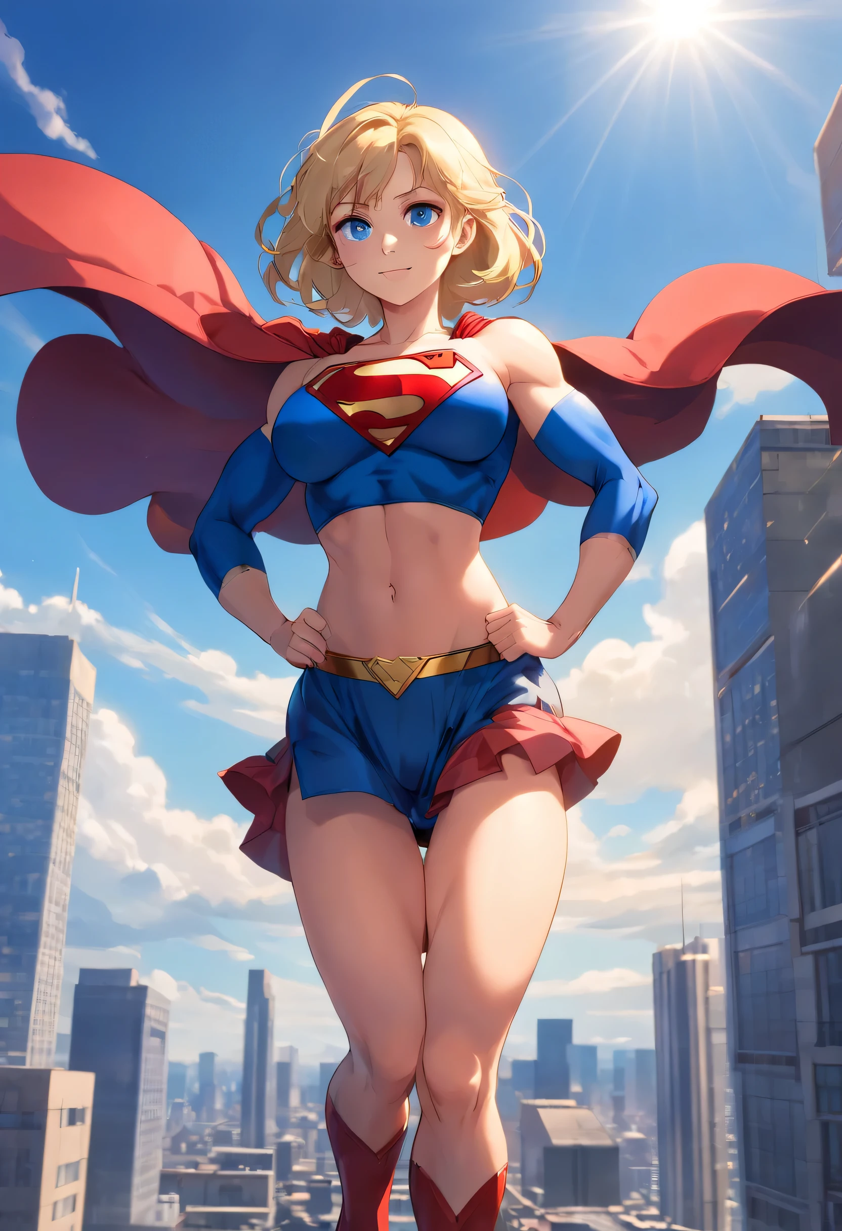 masterpiece, 8k, high quality, highly detailed, detailed face, HDR, vivid colors, natural lighting, Best Shadows, Shallow Depth of Field, Portrait of (Supergirl:1.1) standing on a rooftop, worried smile, youthful face, red skirt, red cape, red boots with heels, huge breasts, gigantic breasts, (Disproportional Tits: 1.4), clothes stretched by huge breasts, bodybuilder, muscles, huge biceps, Strong leg muscles ((body builder:1.5)), alluring blue eyes, blonde, (Superman symbol on chest:1.2), bare legs, open navel, blue sky, sunlight, clouds, sun, bloom,