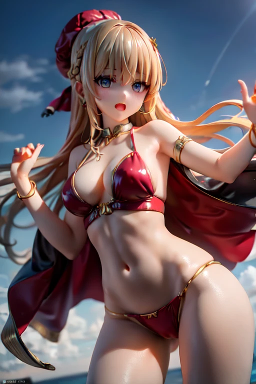 girl、wheat-colored skin、dark skin、odd eye、Right eye red、Left eye green、long hair、gray hair、evening、red dancer costume、red earrings、whole body、Thin fabric、belly button、gold bangles、gold anklet、thighs、shoulder、Red Turban、The background is grassland、look up here、Lipstick is light pink、open your mouth a little、Embarrassed expression、