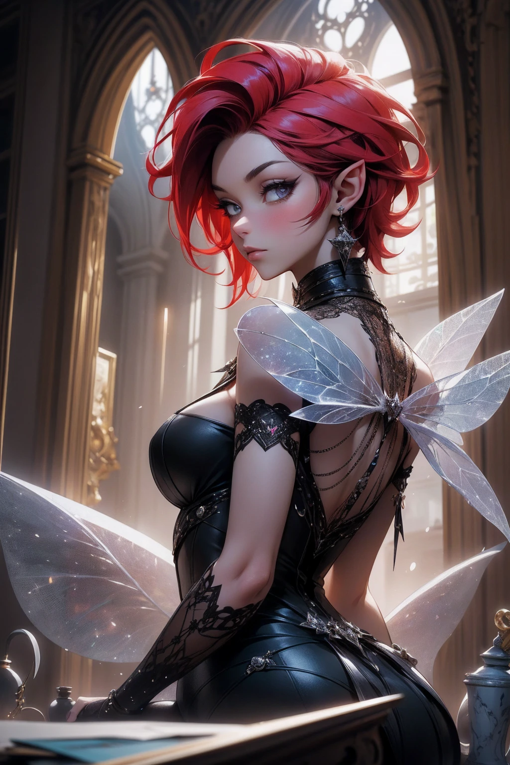 (Absurd, high quality, ultra -compared, careful with the hand) fairy, fairy wings, dreamer body, vivid, romantic and all. Optimistic face, just lies, without entry and intellectual. Reckless style, cold heart, impatient and too confident. Gray eyes, ripe and dark (eyes of the eyes), enchanted fairy (pixie) . Short hair, red hair. In the carnival row illustration, sitting on the ground, backwards, looking back