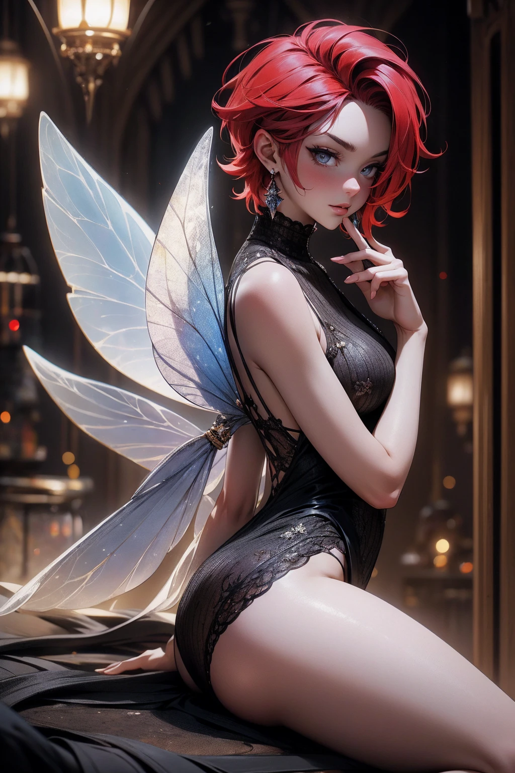 (Absurd, high quality, ultra -compared, careful with the hand) fairy, fairy wings, dreamer body, vivid, romantic and all. Optimistic face, just lies, without entry and intellectual. Reckless style, cold heart, impatient and too confident. Gray eyes, ripe and dark (eyes of the eyes), enchanted fairy (pixie) . Short hair, red hair. In the carnival row illustration, sitting on the ground, backwards, looking back