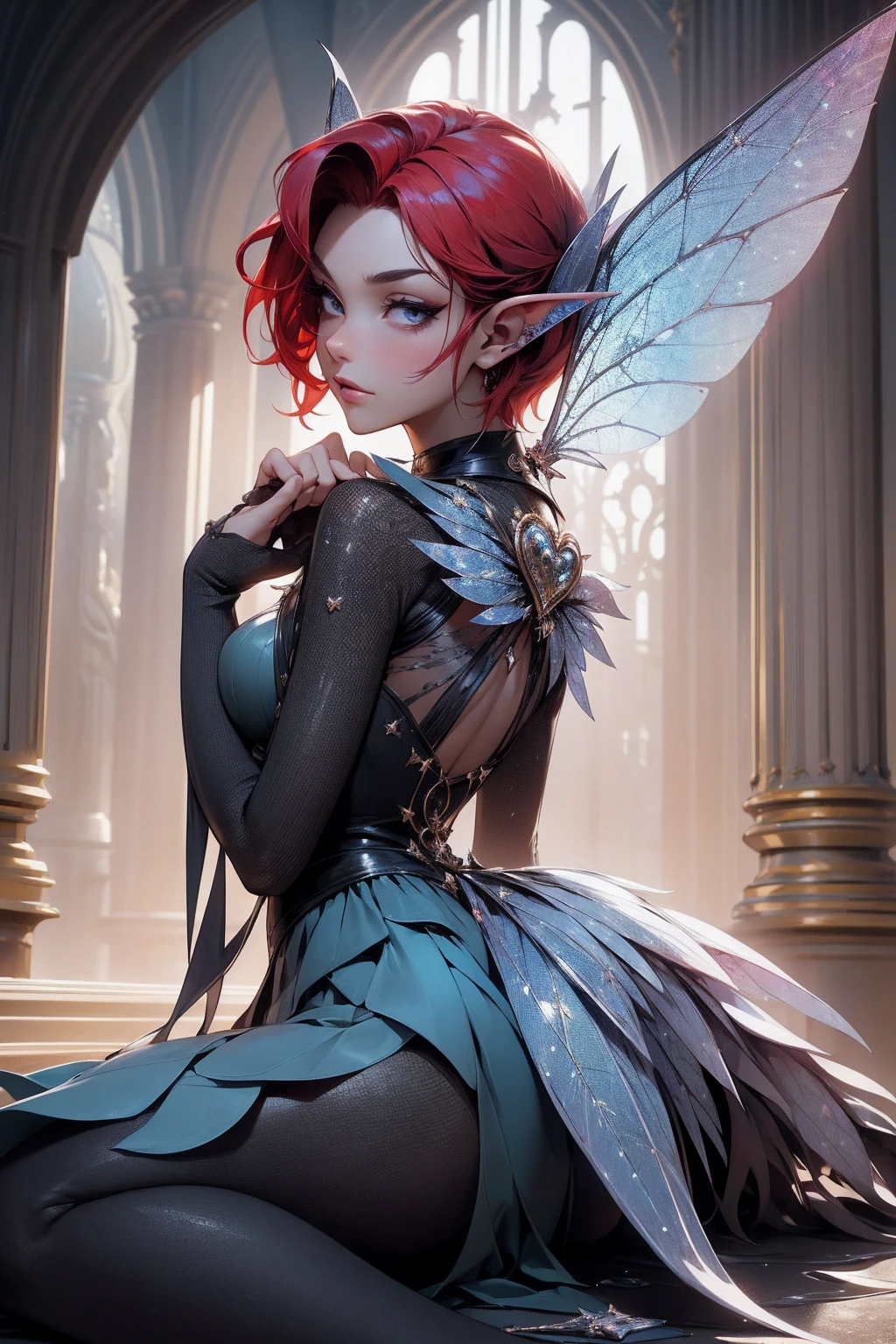 (Absurd, high quality, ultra -compared, careful with the hand) fairy, fairy wings, dreamer body, vivid, romantic and all. Optimistic face, just lies, without entry and intellectual. Reckless style, cold heart, impatient and too confident. Gray eyes, ripe and dark (eyes of the eyes), enchanted fairy (pixie) . Short hair, red hair. In the carnival row illustration, sitting on the ground, backwards, looking back