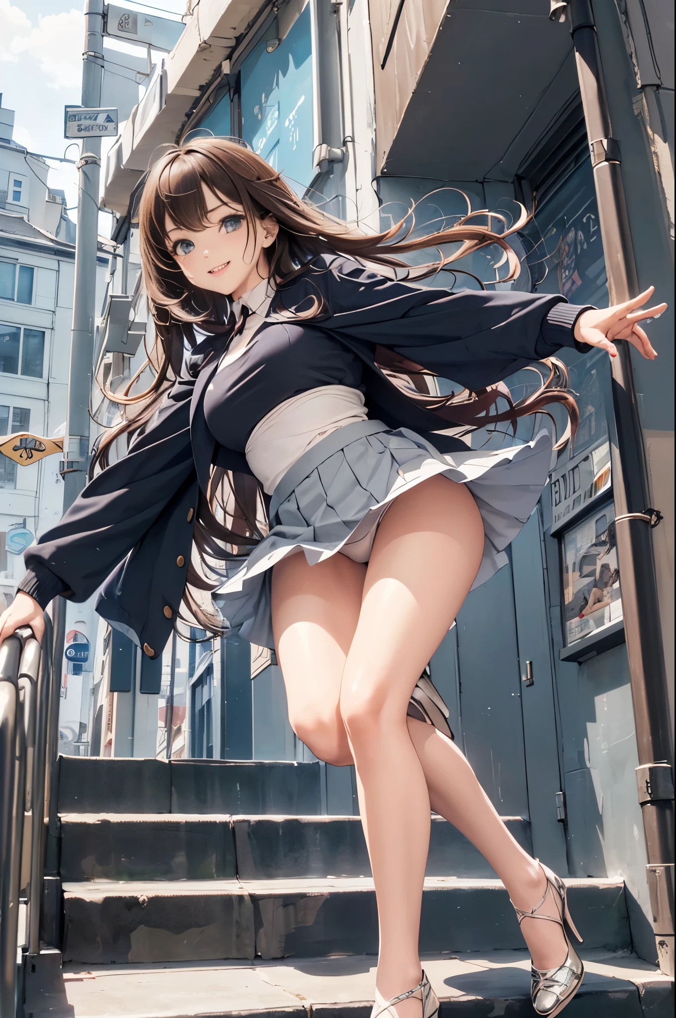 (Surreal)、(lamplight)、(A high resolution)、(8K)、(The content is very detailed)、(Best Best Illustration)、(beautidful eyes)、(quality)、(ultra - detailed)、(tmasterpiece)、(wall-）、（A detailed的the face）、solo、1 girl in、looking at viewert、Fine and detailed、A detailed的the face、In the darkness of the night、Depth shadows、low pitch、purebred face_v1、A smile、long、Black shawl straight hair、46 points oblique bangs,female student、(Brightly colored mini skirt,What about the lattice)、A smile, actual, realistically, hight contrast, photon maping, Authentic images, super detailing, low angles: 1.5, 1 girl, Alone: 1.5, pop star, Kaibo idol, dress up like k-pop, sexy for, Open your legs forward, Fancy makeup, blazer jacket: 1.3, short  skirt: 1.3,, high-heels, M-shaped open legs: 1.3, Open your legs 180 degrees, with an open crotch: 1.3, long brown hair, wet white: 1.5, You can see it from under the skirt: 1.3, Height 170 cm,ctextured skin