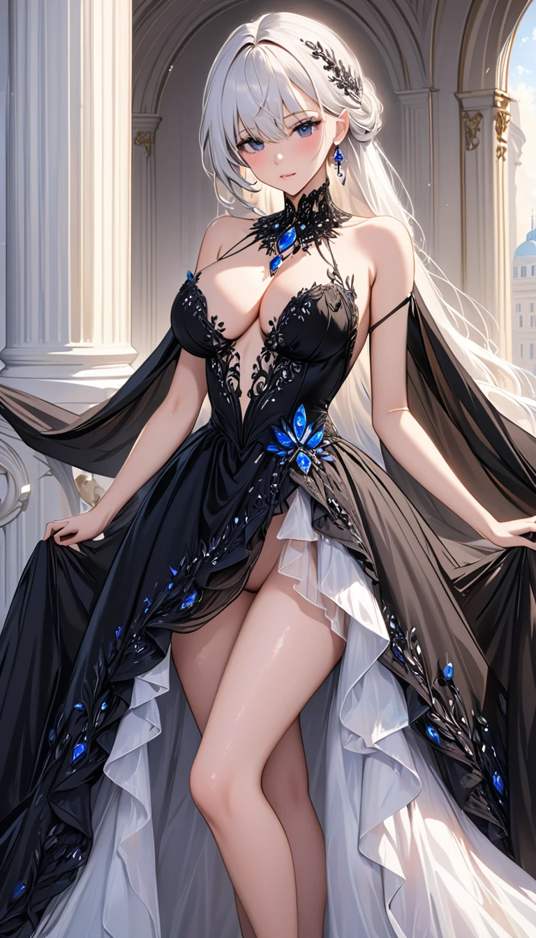 masterpiece:1.4,best-quality,Super Detail,Very Delicate and Beautiful, (((nsfw, beautiful girlfriend, black ball gown with jewel, gorgeous, elegant, noble))), super gigantic tits, slender, white hair