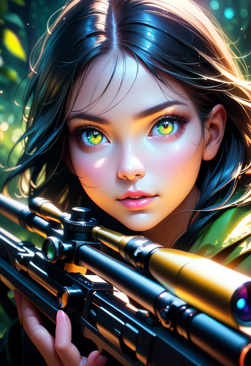 A sniper's view of a girl, crosshairs of the scope.
(highres,ultra-detailed,realistic:1.37),(best quality,4k,8k,highres,masterpiece:1.2),ultra-fine painting,studio lighting,vivid colors,bokeh,portraits,sharp focus,physically-based rendering,extremely detailed eyes and face,long eyelashes,beautiful detailed eyes,beautiful detailed lips,detailed face,sniper,inquisitive expression,green forest background,highly detailed scope,crosshairs,precise focus,dappled sunlight,serene atmosphere