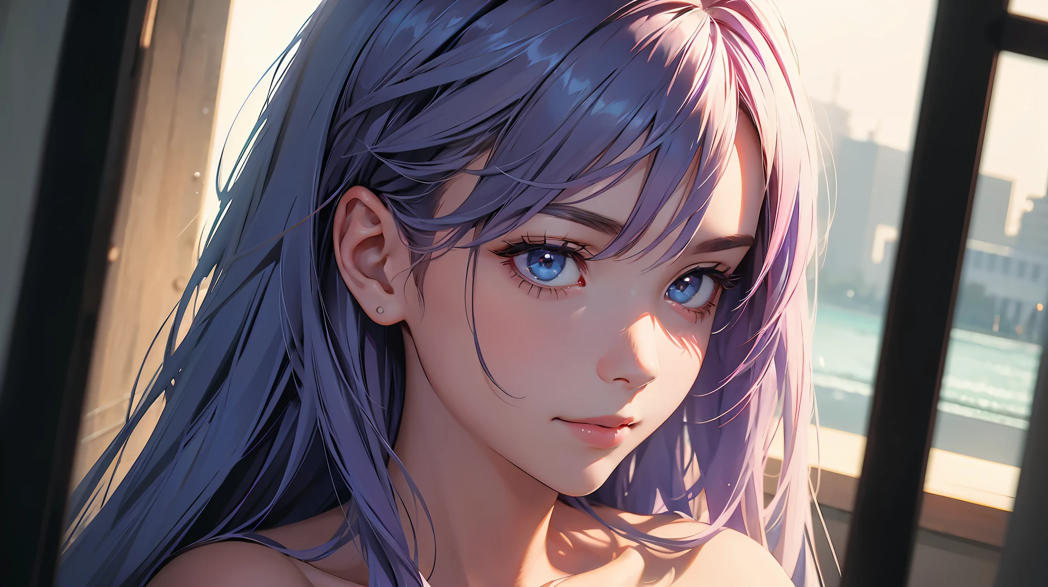 highly detailed, SFW, portrait, 1 girl, blue pink_hair, nude, Smile, (perfect_Face), boundary, close up, mad, exist_Back, Gorgeous, complex, dramatic lighting, detailed_Background, full_Body, Best hair quality, Extra super detailed eyes, Extra high facial detail, side_body, eye reflection, focus on eyes, detailed top eyelashes, high textured skin, lowexposure, Caustics, f/1.2, film grain, atmospheric perspective, 8K, masterpiece