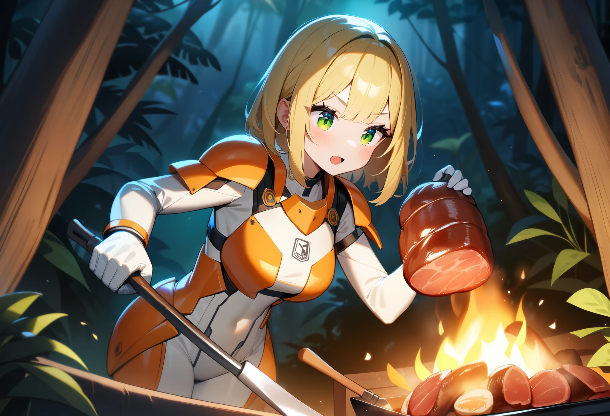 1girl,solo,Sala,original,blonde hair,green eyes,white body suit,orange heavy armor,dark forest,jungle,night,Bonfire, bone-in meat,Cooking meat,Science fiction,ultra-detailed,sharp focus,aesthetic,(best quality)