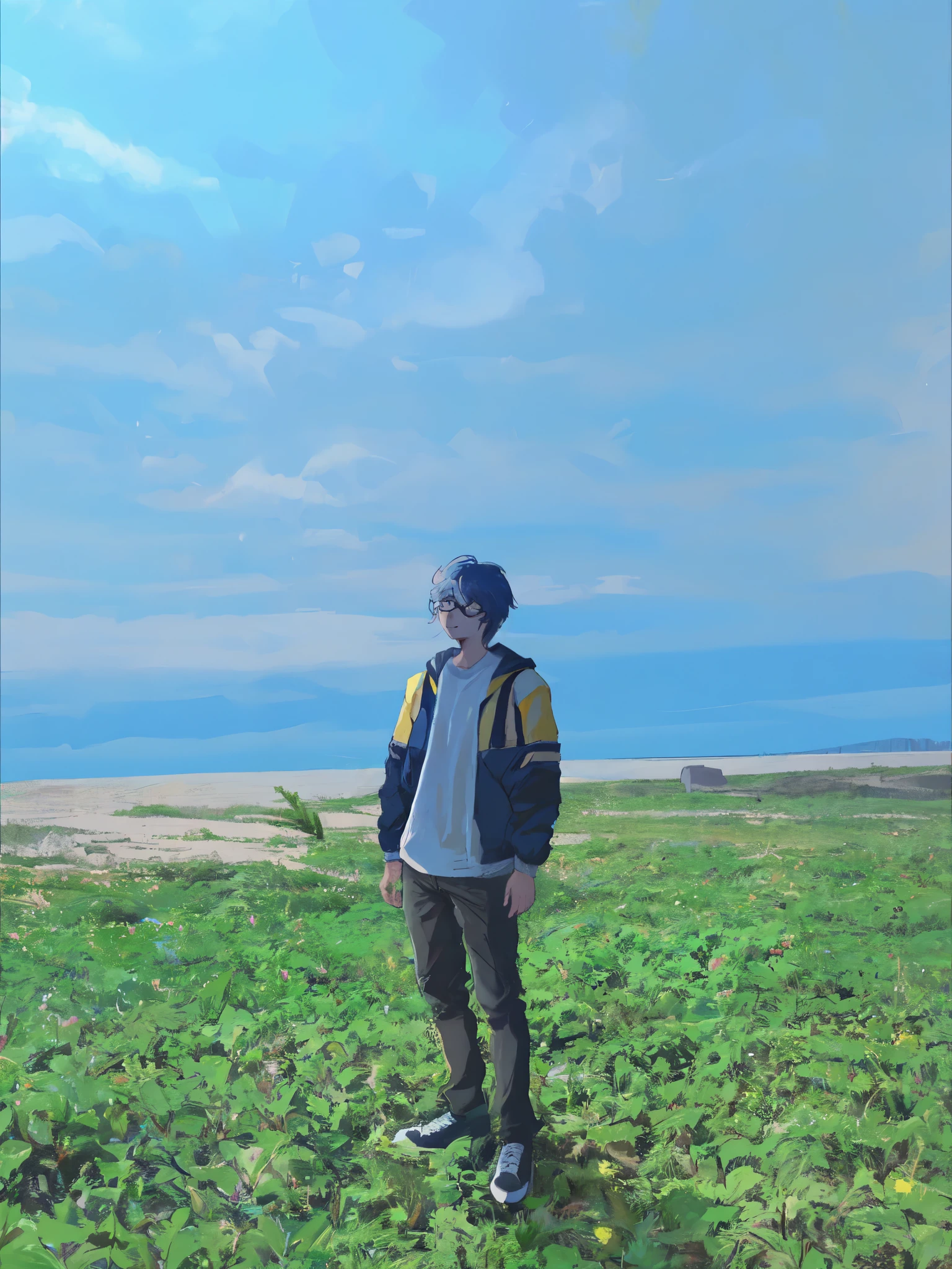 muted pastel colors, retro anime, 1990s anime, 1980s anime, brush strokes, masterpiece, best quality, 1boy, solo, black eyes, glasses, blue and yellow jacket, closed mouth, medium hair, simple background
