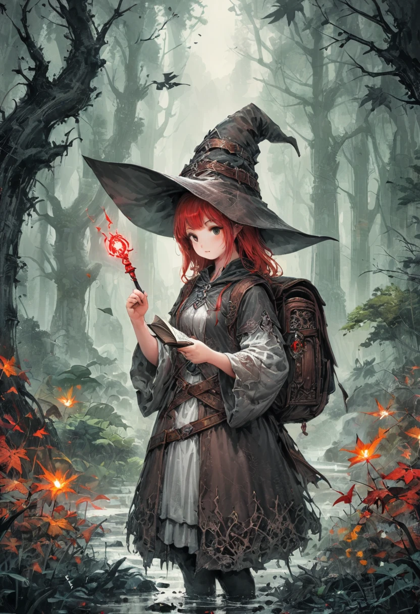 girl, solo, D&D character, red hair, standing dungeons and dragons wizard clothes, Wizard hat, Big backpack, big books, wand in the right hand, spell book in left hand Forest, ink style, best quality, masterpiece, very aesthetic, perfect composition, intricate details, ultra-detailed