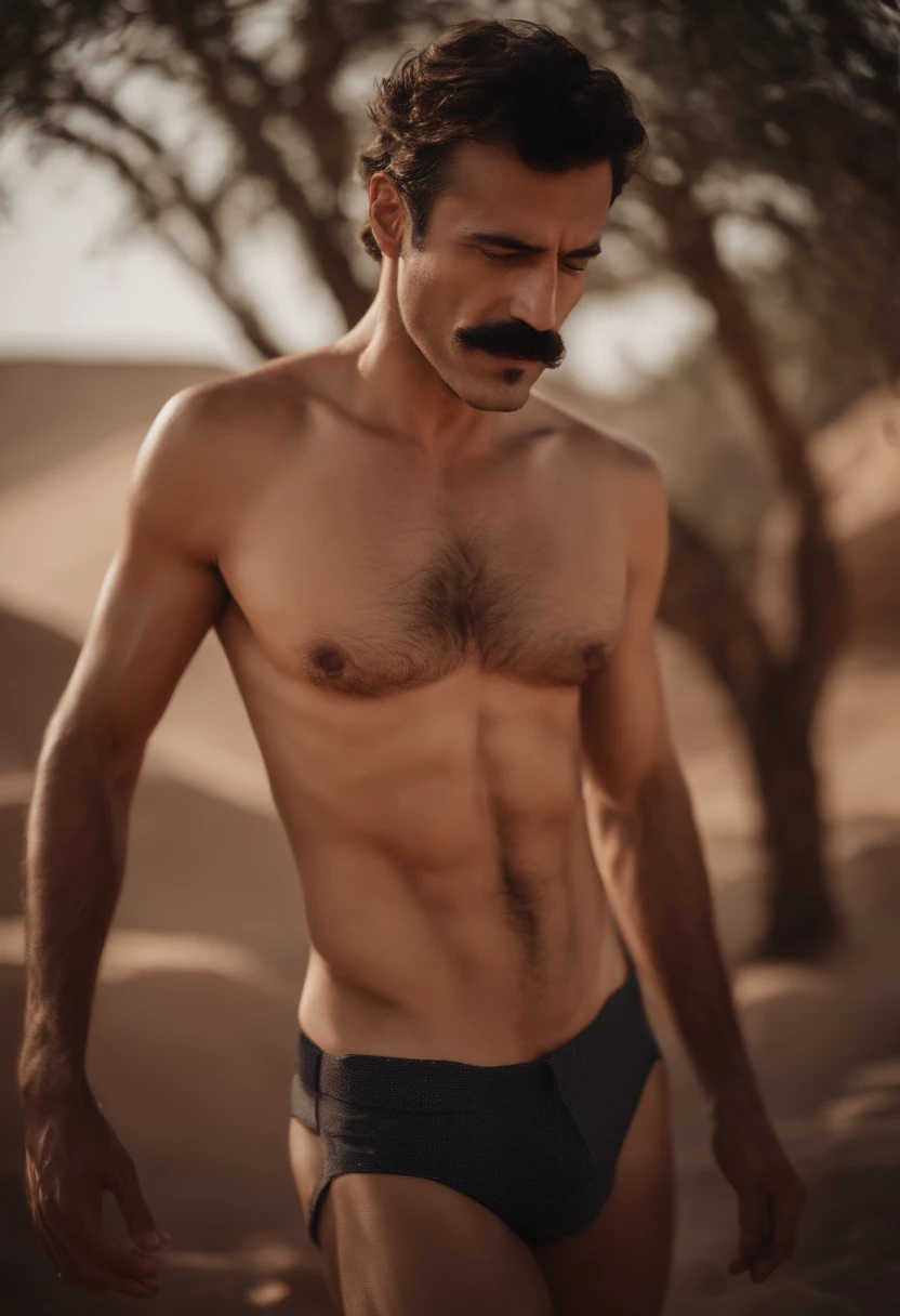 Handsome moustache without beard Turkish guy tall thin shirtless desert bikini showing armpit 