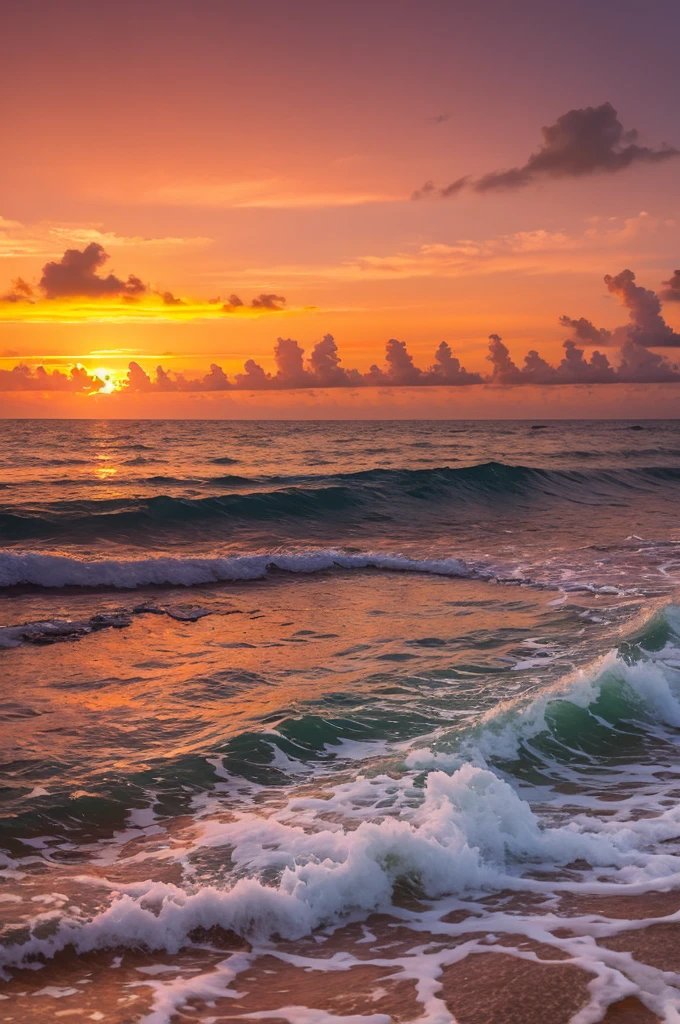 An absolutely mesmerizing sunset over the beach, with a blend of oranges, pinks, and yellows filling the sky. Crystal-clear waters of the sea gently kissing the shore, with sandy white beach stretching far and wide. The scene is dynamic and breathtaking, with seagulls soaring high in the sky and gently swaying palm trees. Take in the calming atmosphere and let the peacefulness wash over you.
