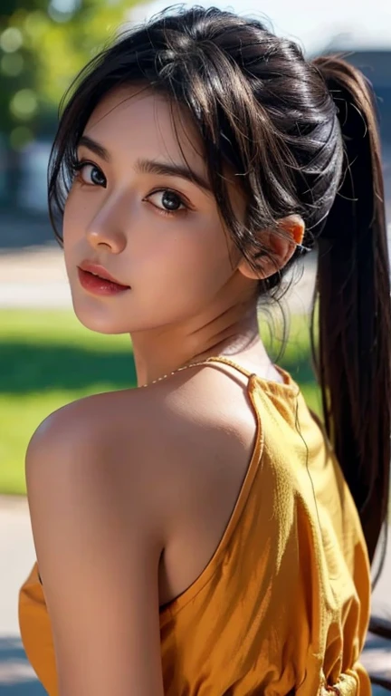 One woman,fully body photo,masutepiece, The highest image quality, High quality, the background is clear,Beautiful woman, Indian, Detailed, Detailed eyes, Detailed skin, Beautiful skin, 超hight resolution, (reality: 1.4),Very beautiful woman, Slightly younger face, Beautiful skin, slender, (Ultra photo realsisim), (hight resolution), (8K), (Very detailed) (beautifully detailed eyes), (super detailed), (Detailed face), view the viewer, Fine details, Detailed face, Staring straight ahead, Staring straight ahead, photos realistic, Bright lighting, Professional Lighting, Black hair,poneyTail,a baby face,sixteen years old,Hairstyle is ponytail,long ponytail hairstyle,slight smile,Orange colored long dress with lots of ruffles, softly shaped skirt,Spotlight on stage,close-up of face,