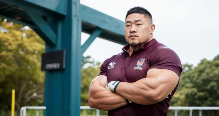 (rugby uniform:1.4), (at rugby ground:1.4), Japanese man, Chinese man, Korean man, Taiwanese man, manly face, fat face, (round face:1.4), (monolid eyes:1.2), (buzz cut:1.4), very large and strong body, bulky body, beefy muscles, (bulging muscles:1.4), (very large pectoral muscles:1.4), (muscular arms:1.4), muscular abs, muscular legs, muscular back, brightens oily skin, master piece, (realistic:1.4), panorama, distant view