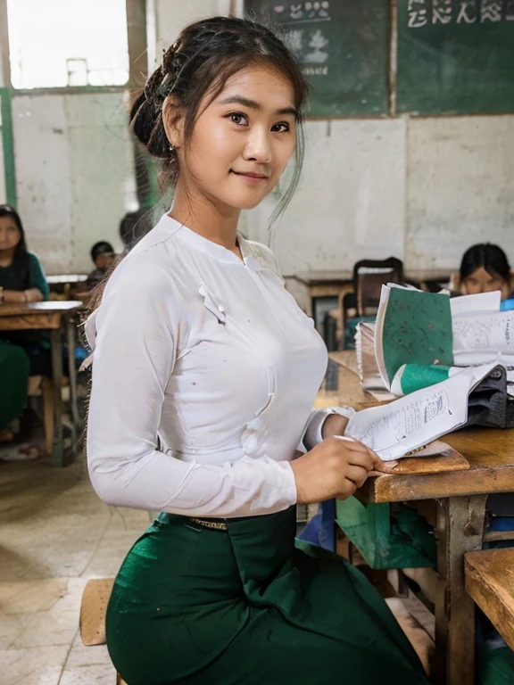 A kind-faced Myanmar school teacher with a warm smile,standing in front of a brightly lit classroom in Yangon,photorealistic,extremely detailed face and clothes,beautiful detailed eyes,beautiful detailed lips,long eyelashes,traditional green htamein,white blouse,determination and passion for education,teaching a group of students,professional portrait, vivid colors,studio lighting.A school teacher is Tall, thin, big hips, big breasts, black hair, small lips, brown eyes, attractive, 64K.Top=white Burmese blouse,With long sleeves,Buttoned at the side.Bottom=(Dark green) long skirt.
Footwear=female Burmese sandals,The hair is knotted bun.Keep your hair in a knot.A Myanmar school teacher with her hair in a neat knot bun, meticulously grading papers at her desk. Sunlight streams through the window, illuminating the classroom.