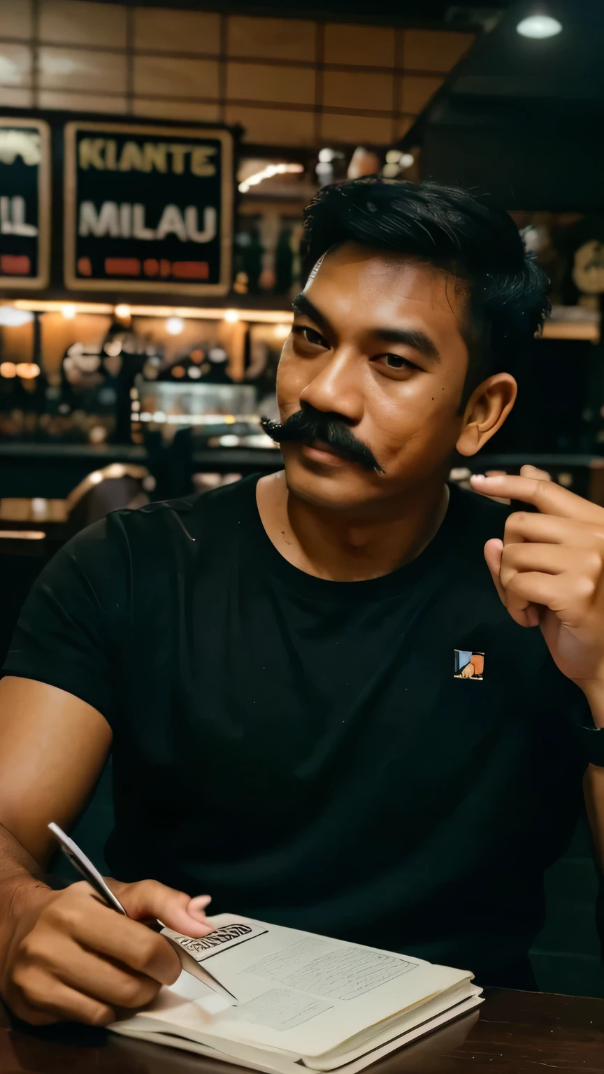 a malaysian man wearing plain black t shirt, 35mm film, kodak colorplus 200, retro style, mustache, realistic, detailed, night photoshoot at cafe in Malaysia