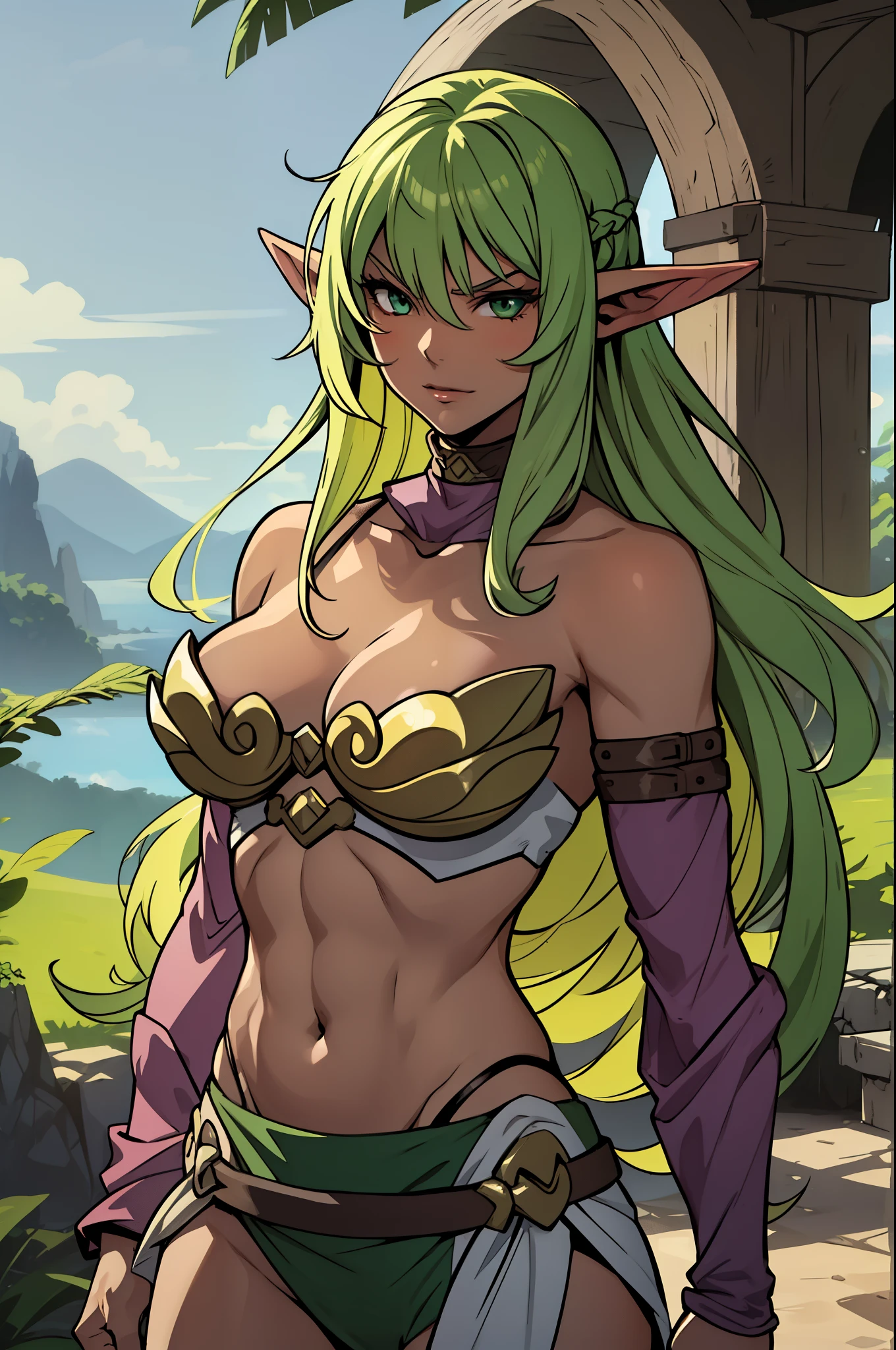 ((8k, ultra quality)), ((masterpiece)) barbarian woman (elven short ears), (dark skin:1.3), (perfect face), (perfect lips), (beautiful smirk, cute serious facial expression), (beautiful bright green eyes), (long flowing red hair), (perfect body), defined jawline, beautiful lips, (long red flowing wavy hair), (perfect anatomy), ((athletic body)), slim body, (sexy)(small breasts) small breasts, (thick thighs) (perfect anatomy), (perfect female figure), (athletic body), (sexy), smooth body, (perfect hands) (wearing barbarian outfit), (pelt armor), (wielding two swords in each hands) one sword in each hand (detailed blades), looking at viewer, (POV from below), (medium full shot photograph), dynamic pose, (tropical rain forest background), anime style,