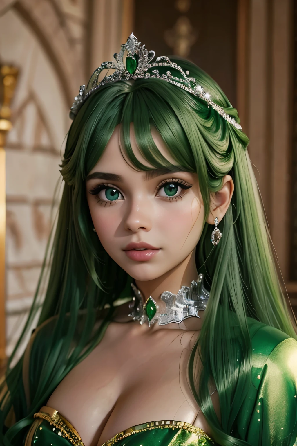 FOTO DO PEITO PRA CIMA DE UMA LOIRA SUPER LINDA DE OLHOS GRANDES E EXPRESSIVOS VERDES E UMA TIARA DOURADA NA LINHA DO CABELO
