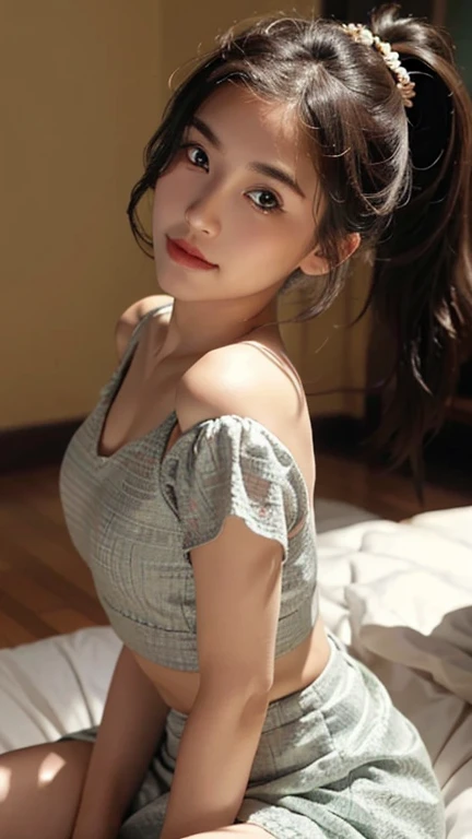 One woman,fully body photo,masutepiece, The highest image quality, High quality, the background is clear,Beautiful woman, Indian, Detailed, Detailed eyes, Detailed skin, Beautiful skin, 超hight resolution, (reality: 1.4),Very beautiful woman, Slightly younger face, Beautiful skin, slender, (Ultra photo realsisim), (hight resolution), (8K), (Very detailed) (beautifully detailed eyes), (super detailed), (Detailed face), view the viewer, Fine details, Detailed face, Staring straight ahead, Staring straight ahead, photos realistic, Bright lighting, Professional Lighting, Black hair,poneyTail,a ,sixteen ye is ponytail,long ponytail hairstyle,slight smile,Orange colored long dress with lots of ruffles, softly shaped skirt,Spotlight on stage, navel, open legs