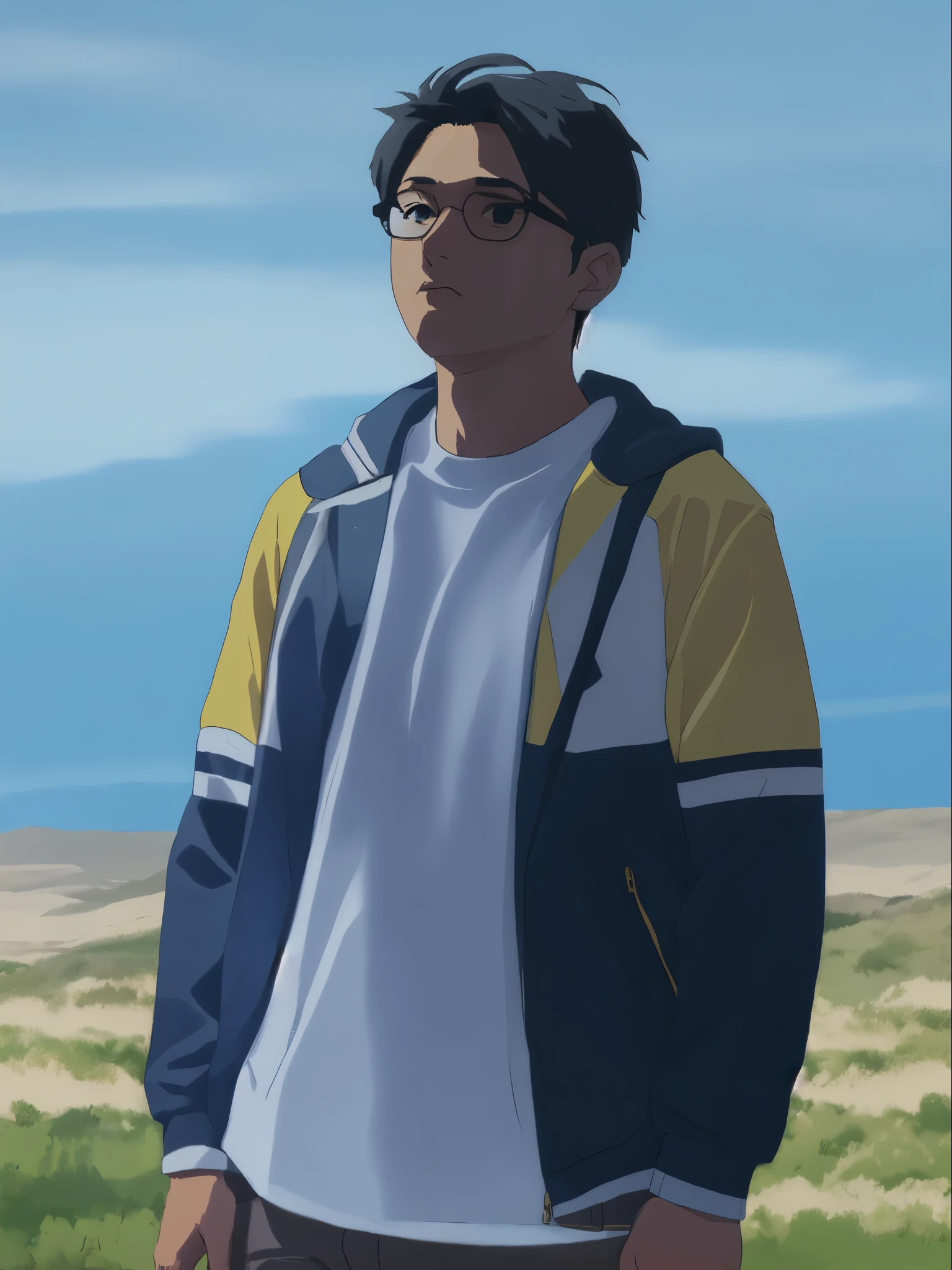 muted pastel colors, retro anime, 1990s anime, 1980s anime, brush strokes, masterpiece, best quality, 1boy, solo, black eyes, glasses, blue and yellow jacket, closed mouth, medium hair, simple background