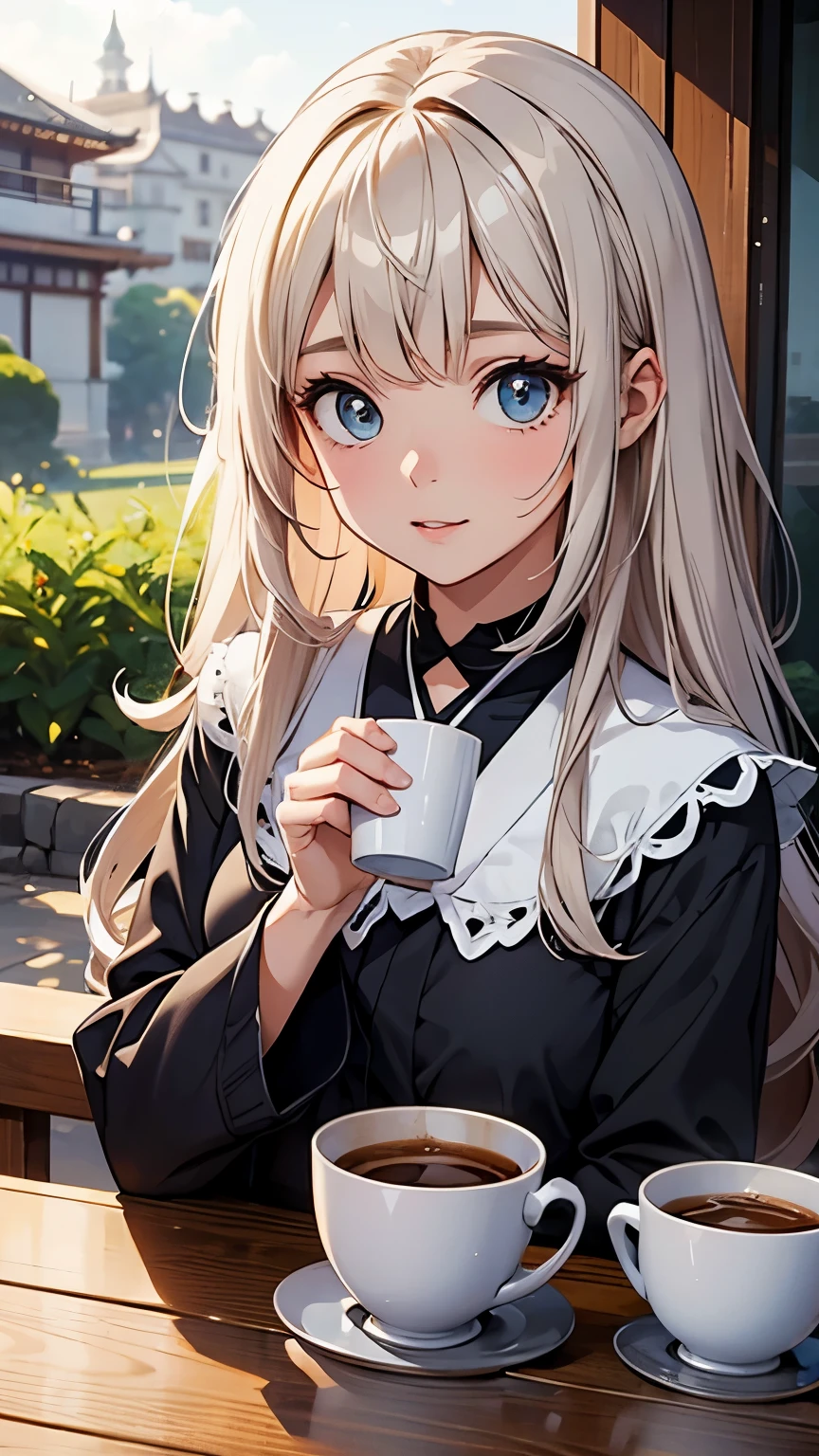 there is a young woman holding a cup of coffee in her hand, garota cara fofa, rosto de anime natural fofo, com cara fofa - linda, Sakimi-chan, Chiho, Yoshitomo Nara, jovem rosto bonito, lindo rosto de garotas japonesas, cabelos castanhos e olhos grandes, linda garota kawaii, lindos olhos grandes e claros