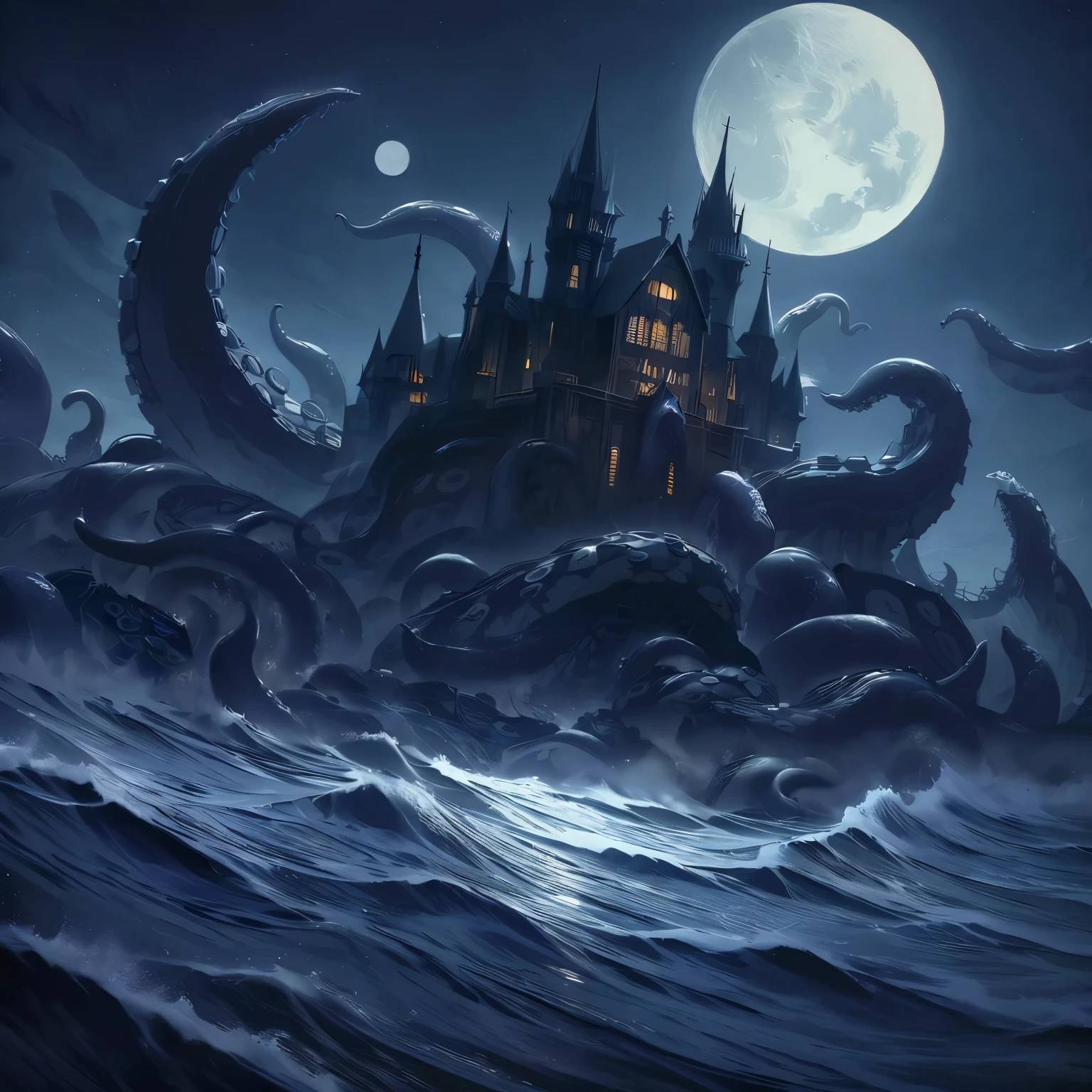 (masterpiece、need、Super delicate、high resolution),twisted dark castle,sea surface,(There are tentacles in the sea:1.5),night,No light,(Very large moon:1.5),moonlight,surrounded by dark castle,(positive view,Look at the camera from top to bottom),(van gogh starry night style)Van Gogh's starry sky,Horror atmosphere