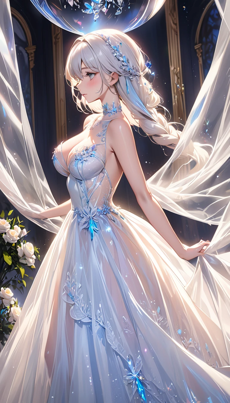 masterpiece:1.4,best-quality,Super Detail,Very Delicate and Beautiful, (((nsfw, beautiful girlfriend, transparent ball gown, gorgeous, elegant, noble))), super gigantic tits, slender, white hair