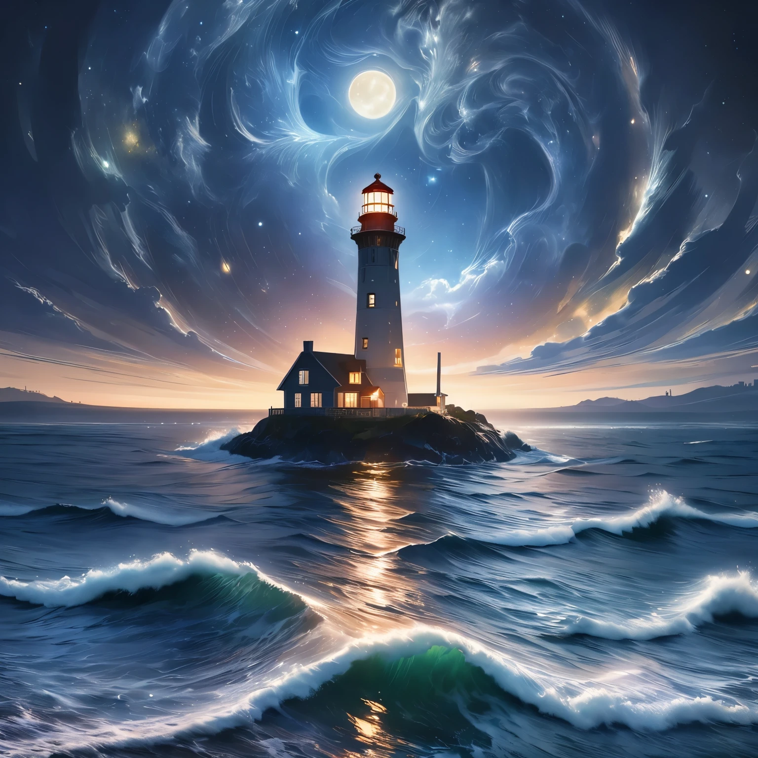 （romantic、Innocent、𝓡𝓸𝓶𝓪𝓷𝓽𝓲𝓬、adventure、Tyndall effect）,(masterpiece:1.5),(best quality:1.5),(super detailed:1.3),(illustration:1.2),(8k wallpaper:1.2),(best quality:1.2),(Very detailed:1.2),(Foreshortening),(photorealism),(photorealismistic),(Unreal Engine),(High resolution:1.2),(:1.05),(cross hatch)(best quality:1.1),(surreal:1.1),(Extra fine,fair),, panoramic, lighthouse and waves，Tyndall effect，night，moonlight，meteor shower，（van gogh starry night style）Van Gogh's starry sky