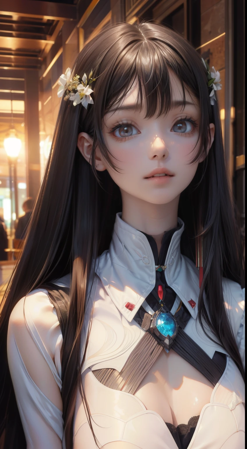 1 girl,(highly detailed skin),crooked,,beautiful胸,big breasts,pale skin,pointed chest,erect nipples,(fantasy art,best image quality,surrealist portrait,(8K),Super realistic,最high quality, high quality, High resolution, high quality texture,high detail,beautiful,Detailed,Very detailed CG,Detailedテクスチャー,realistic expression of face,masterpiece,sense of presence,dynamic,bold),long hair,(super thin hair),(super soft hair),(ultra straight hair:1.5),流した長いbangs,black hair、bangs、hair above one eye、bride、prom princess dress、Wearing a wedding dress、smile