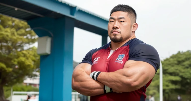 (rugby uniform:1.4), (at rugby ground:1.4), Japanese man, Chinese man, Korean man, Taiwanese man, manly face, fat face, (round face:1.4), (monolid eyes:1.2), (buzz cut:1.4), very large and strong body, bulky body, beefy muscles, (bulging muscles:1.4), (very large pectoral muscles:1.4), (muscular arms:1.4), muscular abs, muscular legs, muscular back, brightens oily skin, master piece, (realistic:1.4), panorama, distant view