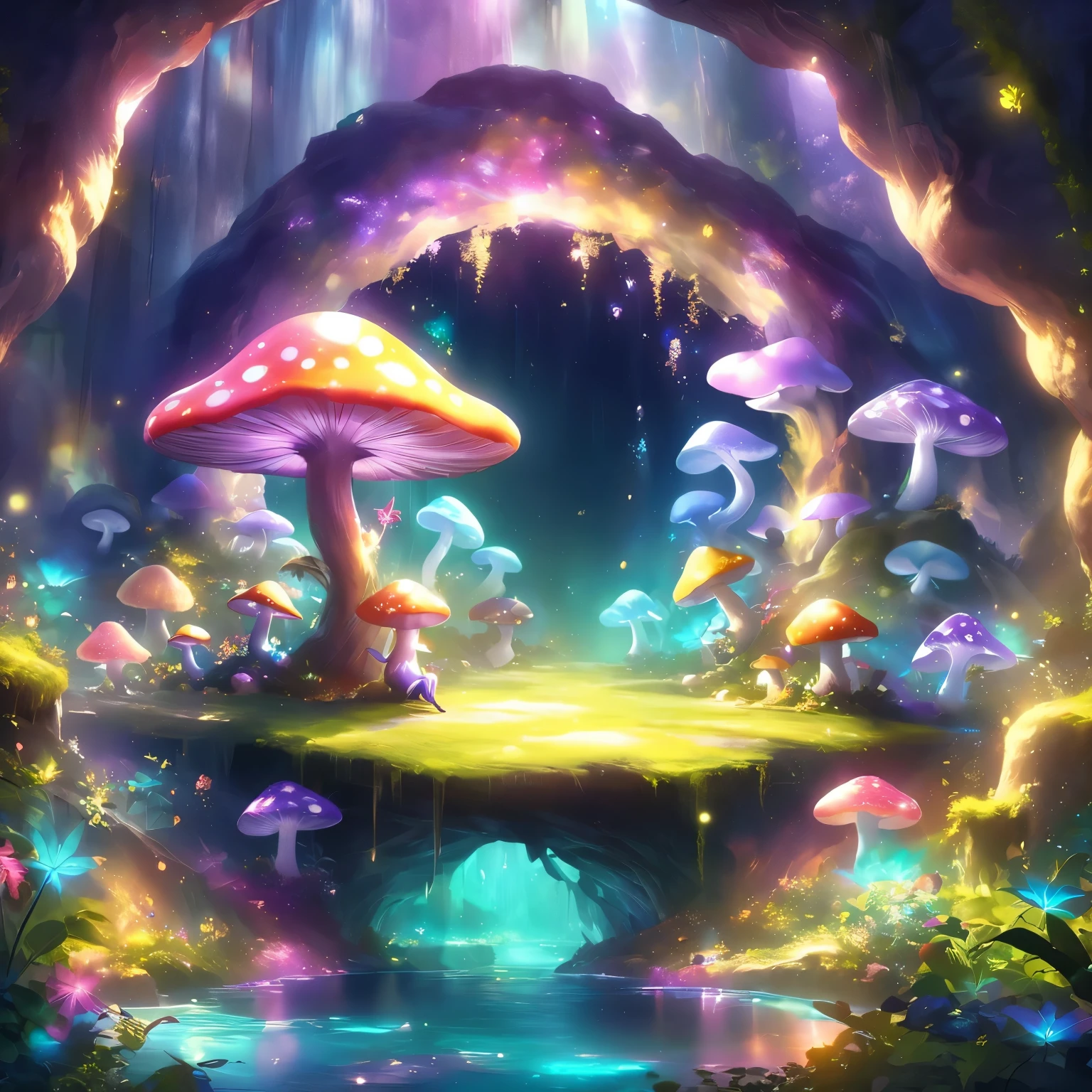 (Tyndall effect),A cave filled with glowing exotic plants, Create a dreamy and colorful atmosphere. sunlight shines through,Casts a golden light on the ground,The plants emit Full of energy hues of purple, blue, and green, Create a stunning glow,illuminate his surroundings. The cave is filled with beautiful mushrooms of all shapes and sizes, Adds to the charming atmosphere. when you explore the cave, You notice the fireflies flickering softly, Their tiny bodies radiate a soft glow, delicate light. They danced in the air, Add magic to the scene. in the center of the cave, You find a naughty little leprechaun sitting on a big mushroom, His mischievous eyes sparkled with joy. The cave is bathed in warm and Full of energy colors, Give people an otherworldly feeling、Ethereal feeling. 光影的变化给周围环境增添了mystery感, Invite you into this fascinating world. The Full of energy colors and intricate details make the scene come to life, Take you into a whimsical realm. (best quality, detailed, 4K, High resolution:1.2), ultra-detailed, (actual, photoactual:1.37) mystery, Full of energy, and charming, This artwork captures the essence of the magical cave. colorful, intricate details, The charming atmosphere makes it a masterpiece worth exploring.(Tyndall effect:1.5)