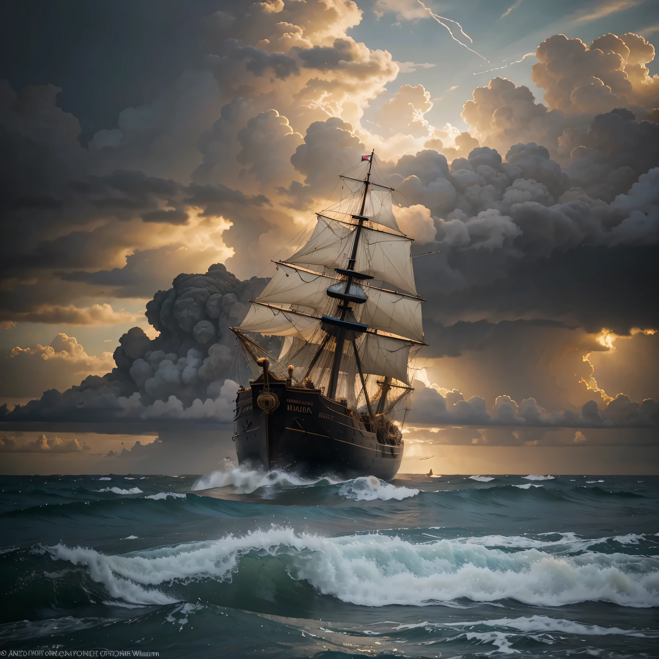 Realistic oil painting of a majestic tall ship on rough seas, with a group of wanderers onboard, inspired by the works of Thomas Moran and Frederic Edwin Church, intricate details, dramatic lighting, stormy sky