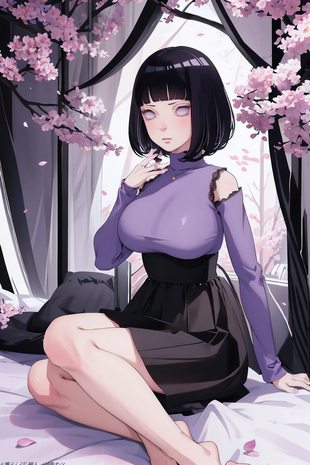 { - anatomy error} (Masterpiece - Ultra-detailed, very high resolution) (huge titusty, masterpiece, absurdres, hinata\(boruto\), 1girl, solo,mature female, off-shoulder bra, high waist black short skirt, looking at viewelling petals), perfect composition, detailed lips, big breast, beautiful face, body propotion, blush, (pink lips), short hair, (black hair), purple eyes, soft gaze, super realistic, detailed, photoshoot, realistic face and body, closed mouth, sitting on the bed , lilac eyes, full body, lace clothes, with chin resting on shoulder, perfect fingers