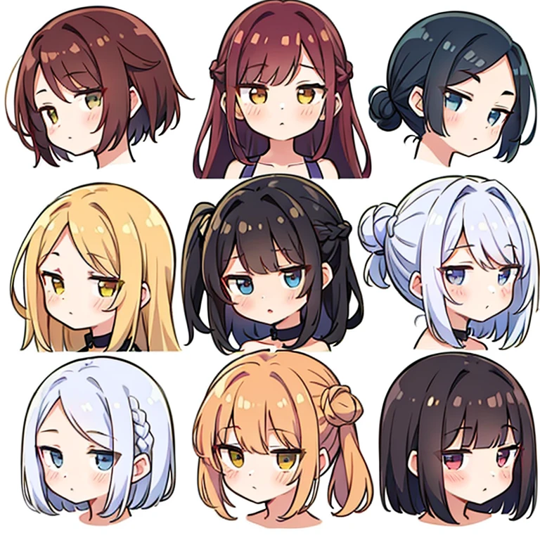 9 girls, white background,  different characters, multiple views, (Close up heads, portrait, mugshot), bra, bare shoulders, bikini, different hair colors, different hair styles, 
twin-tail hair style, 
pony-tail hair, wavy 
long hair, 
braid, 
parted bangs, 
high ponytail, 
low ponytail, 
big hair, cornrows, 
hair bun, 
hair rings, 
half updo hairstyle, 
diagonal bangs, 
two side up hair, 
flipped hair, 
blunt bangs, 

warm-toned hair colors, 
cool-toned hair colors, 
brown hair color, 
red hair color, 
yellow hair color, 
white hair color, 
purple hair color, 
blue hair color,