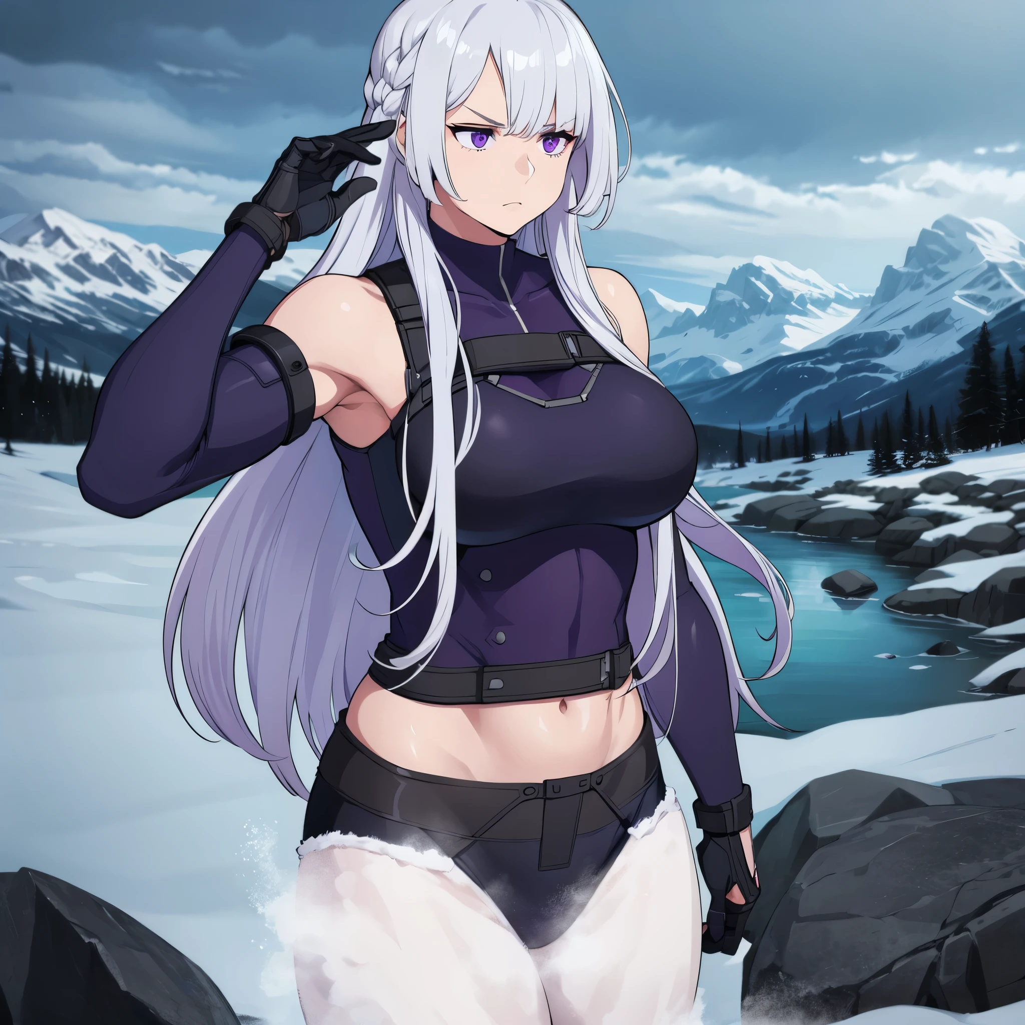 A woman without clothes, silver hair, purple eyes, wearing heavy medieval armor, in a cold region, ice mountains behind, snowing, muscular, serious face.
