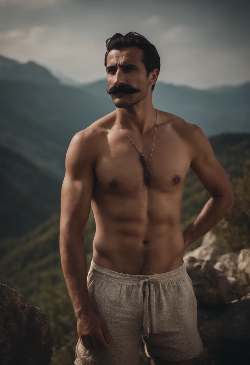 Handsome moustache without beard Turkish guy tall thin shirtless mountain bikini showing armpit 