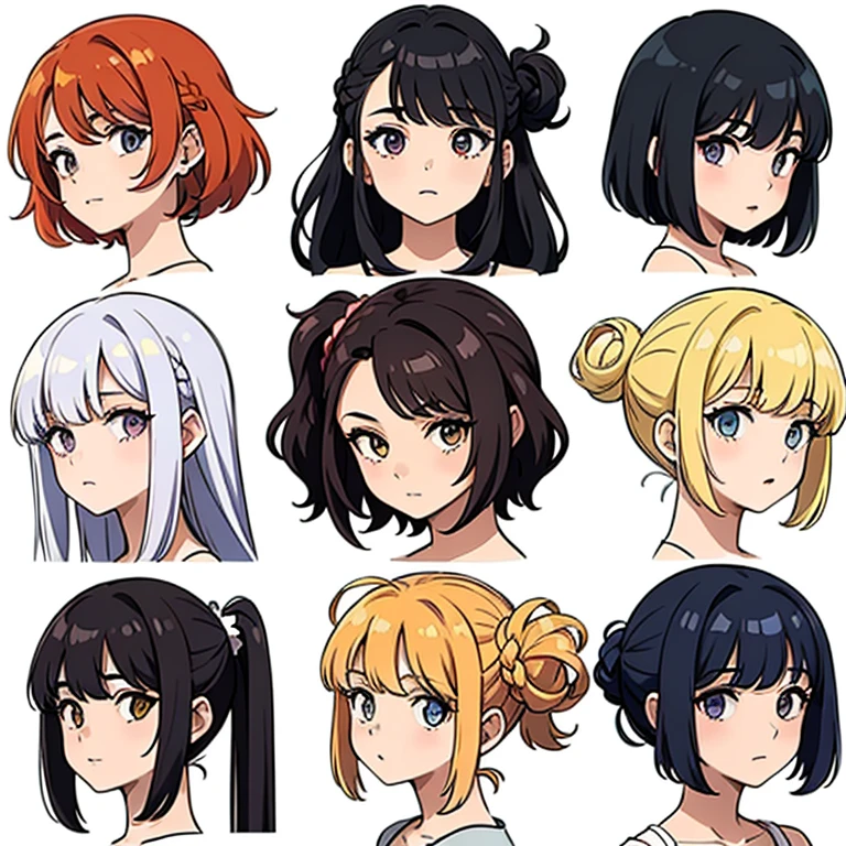 9 girls, white background, different characters, multiple views, (Close up heads, portrait, mugshot), bra, bare shoulders, bikini, different hair colors, different hair styles,
twin-tail hair style,
pony-tail hair, wavy
long hair,
braid,
parted bangs,
high ponytail,
low ponytail,
big hair, cornrows,
hair bun,
hair rings,
half updo hairstyle,
diagonal bangs,
two side up hair,
flipped hair,
blunt bangs,
warm-toned hair colors,
cool-toned hair colors,
brown hair color,
red hair color,
yellow hair color,
white hair color,
purple hair color,
blue hair color,