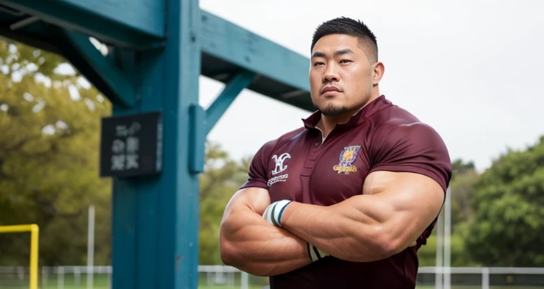 (rugby uniform:1.4), (at rugby ground:1.4), Japanese man, Chinese man, Korean man, Taiwanese man, manly face, fat face, (round face:1.4), (monolid eyes:1.2), (buzz cut:1.4), very large and strong body, bulky body, beefy muscles, (bulging muscles:1.4), (very large pectoral muscles:1.4), (muscular arms:1.4), muscular abs, muscular legs, muscular back, brightens oily skin, master piece, (realistic:1.4), panorama, distant view