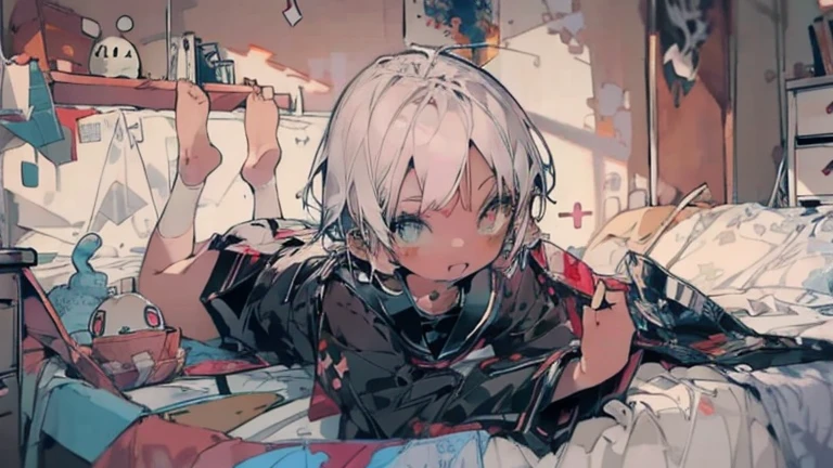 #Quality(8k,best quality,masterpiece,cinematic),solo, #1 girl(cute, kawaii,small kid,skin color white,smile kindly,hair floating,hair color blond,short bob hair,eye color cosmic,big eyes,black sailor uniform,lying on bed,view from above,long shot),#background(inside,at messy bedroom,view from above,long shot,long view)