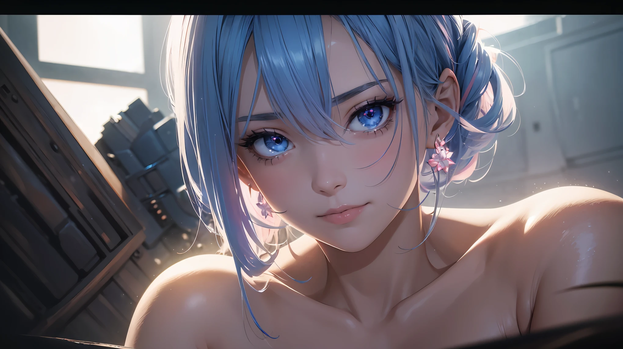highly detailed, SFW, 1 girl, blue pink_hair, nude, Smile, (perfect_Face), boundary, close up, mad, exist_Back, Gorgeous, complex, dramatic lighting, detailed_Background, full_Body, Best hair quality, Extra super detailed eyes, Extra high facial detail, side_body, eye reflection, focus on eyes, detailed top eyelashes, high textured skin, lowexposure, film grain, atmospheric perspective, caustics, 8K, masterpiece