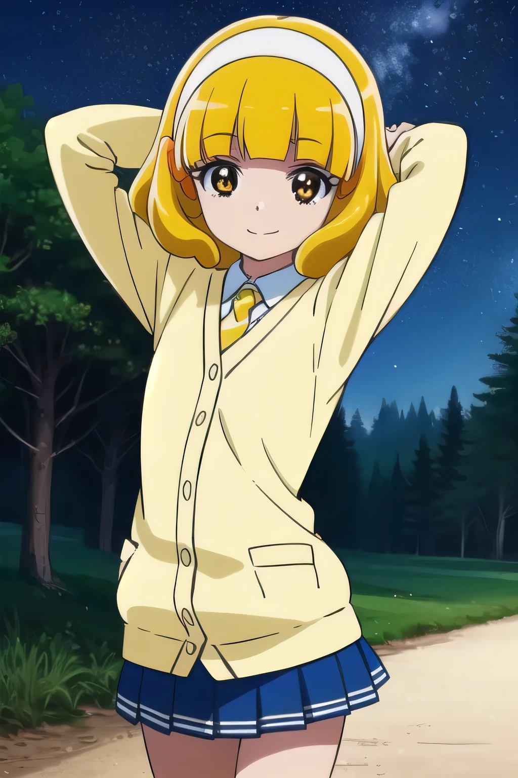 yayoikise, yayoi kise, short hair, blonde hair, (yellow eyes:1.3), hairband, white hairband, smile,
BREAK skirt, , socks, cardigan, nanairogaoka middle , yellow cardigan, pleated skirt, blue skirt,
smile, solo, upper body, night sky, forest, arms behind head, contrapposto, spread armpits, BREAK looking at viewer, dynamic pose,
BREAK (masterpiece:1.2), best quality, high resolution, unity 8k wallpaper, (illustration:0.8), (beautiful detailed eyes:1.6), extremely detailed face, perfect lighting, extremely detailed CG, (perfect hands, perfect anatomy),