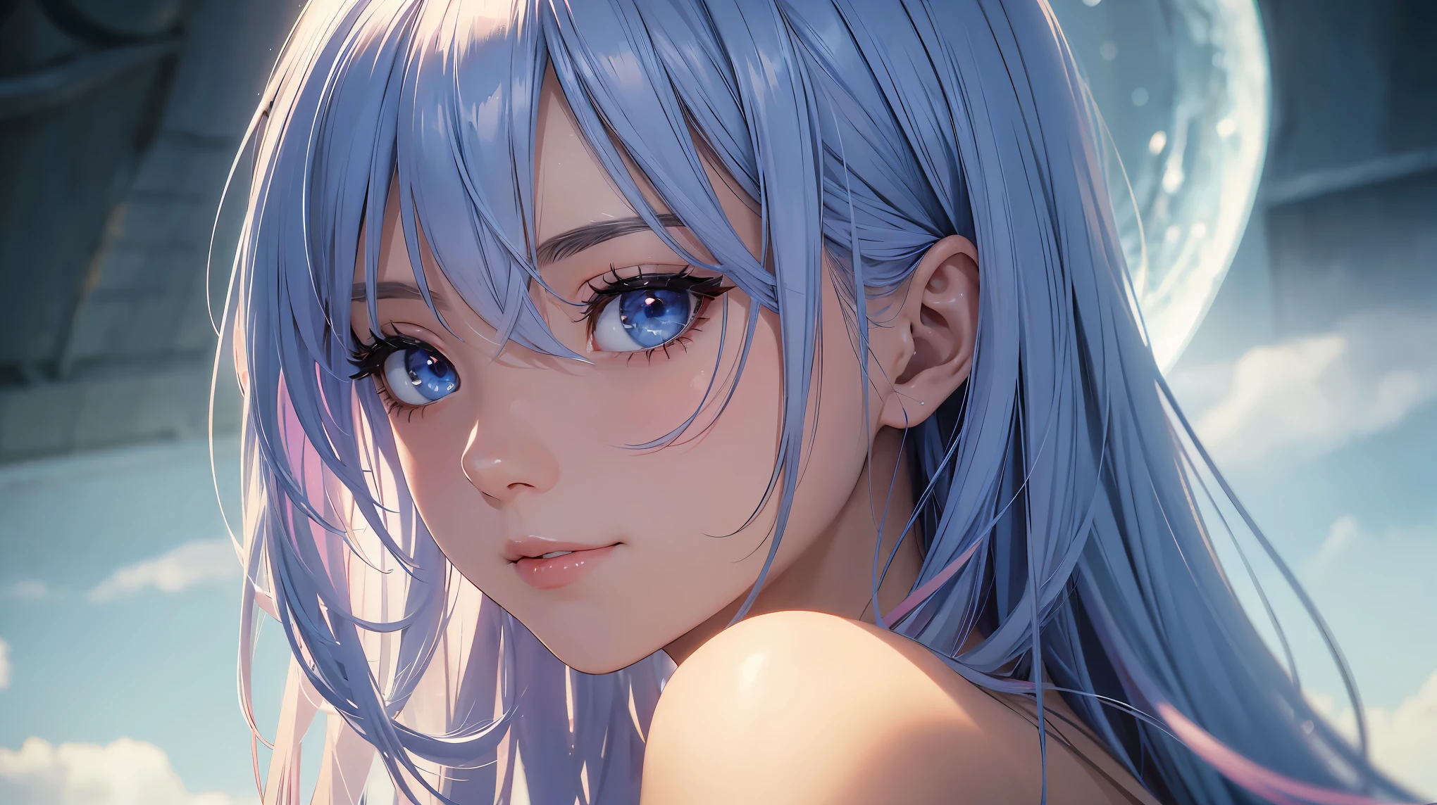 highly detailed, SFW, 1 girl, blue pink_hair, nude, Smile, (perfect_Face), boundary, close up, mad, exist_Back, Gorgeous, complex, dramatic lighting, detailed_Background, full_Body, Best hair quality, Extra super detailed eyes, Extra high facial detail, side_body, eye reflection, focus on eyes, detailed top eyelashes, high textured skin, lowexposure, film grain, atmospheric perspective, caustics, 8K, masterpiece