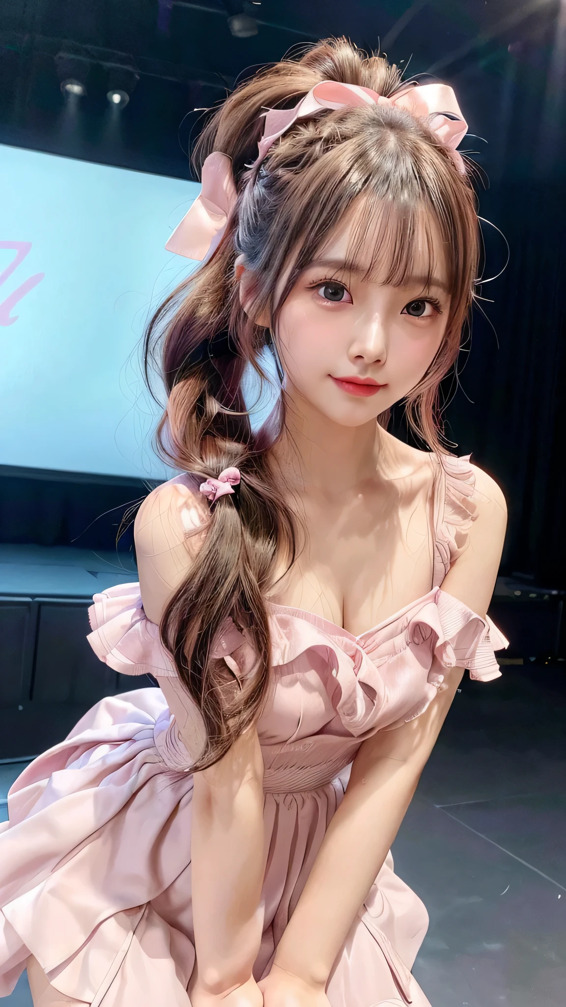 close up of face,blush,small breasts,,long hair ponytail,on stage,in the spotlight,((8K, Raw photo, best quality, muste piece:1.2), (Reality, photorealistic:1.4), (Highly detailed 8K wallpaper), Depth of the bounds written, cinematic lighting, soft light, detailed beauty eye,Shiny and smooth light brown ponytail, asymmetrical bangs, shiny skin, super detailed skin ,high resolution, high detail, detailed hairstyle, detailed beauty face, hyper real, perfect limbs, perfect anatomy ,1 Japanese girl,famous japanese idol, perfect female body,shy smile,short eyelashes,double-edged eyelids,look straight here,Hair style is ponytail、Pink colored long dress with lots of ruffles, softly shaped skirt, standing on stage,pink ribbon on head,She is wearing a skirt with lots of frills,pose is random