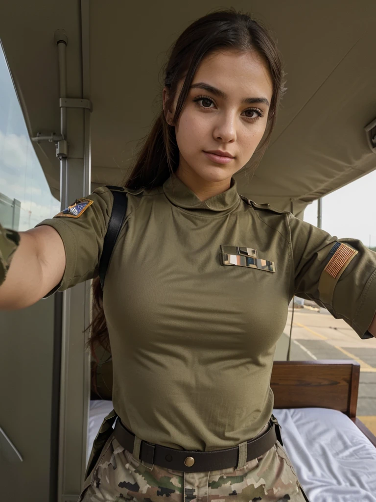 Beautiful girl in army military soldier outfit, tirando uma selfie