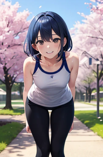 masterpiece,highest quality,High resolution,Super detailed,Beverica,blue hair,lOn top of thatg hair,often play sports,(leggings:1.2),outdoor,cherry blossoms,smile,Sweat,leaning forward,hand_On top of that_Own_knees,small breasts,