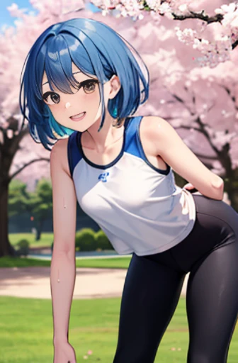 masterpiece,highest quality,High resolution,Super detailed,Beverica,blue hair,lOn top of thatg hair,often play sports,(leggings:1.2),outdoor,cherry blossoms,smile,Sweat,leaning forward,hand_On top of that_Own_knees,small breasts,
