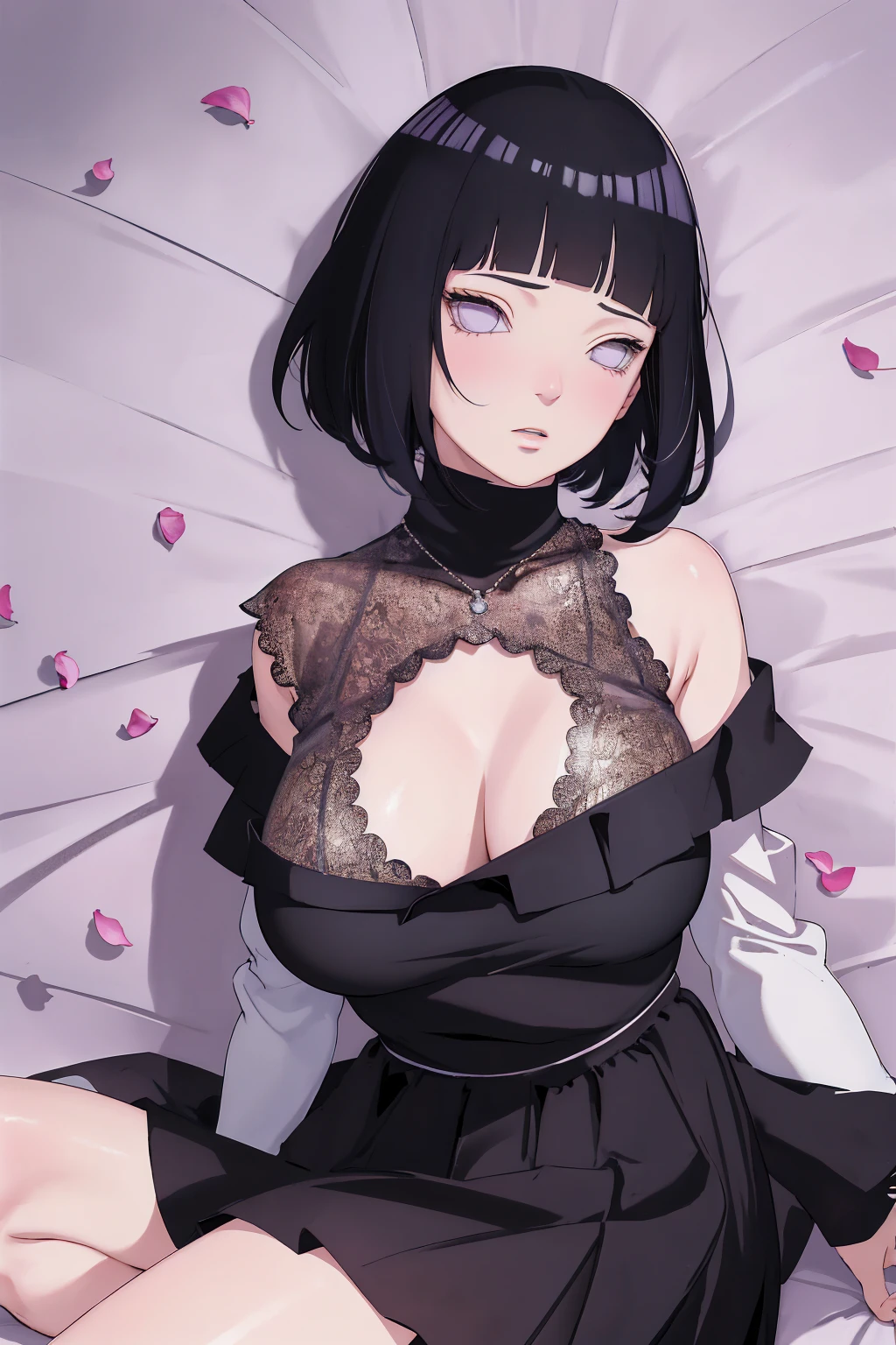{ - anatomy error} (Masterpiece - Ultra-detailed, very high resolution) (huge titusty, masterpiece, absurdres, hinata\(boruto\), 1girl, solo,mature female, off-shoulder bra, high waist black short skirt, looking at viewelling petals), perfect composition, detailed lips, big breast, beautiful face, body propotion, blush, (pink lips), short hair, (black hair), purple eyes, soft gaze, super realistic, detailed, photoshoot, realistic face and body, closed mouth, laying on the bed , lilac eyes, full body, lace clothes, with chin resting on shoulder, perfect fingers