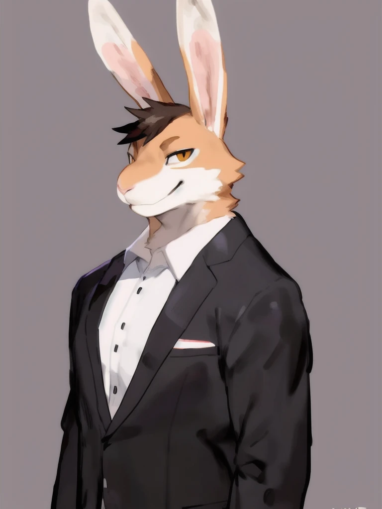 By bebebebebe, by buta99, by chunie, solo, male, rabbit, white rabbit, (muscular), tall, long ears, smirking, suit, short hair, (snout),