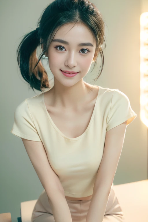 ((((8k))),((Extremely meticulous CG)) ,(wallpaper),16k,((Extremely refined and beautiful)),(((Masterpiece))),(((best qualtiy))),(((Ultra High Resolution))),beautiful light up,Perfect lightning,realistic shaded,[A high resolution],(Smooth and flawless fair skin:1.5),Extremely exquisite facial details,(perfect body:1.1),ultra - detailed,A beautiful girl,solo,small head,(very short black pony tail:1.1),small face,(female orgasmic:1.2),(blush:1.3),Exquisite makeup,happy,(smile:1.2),(Small breasts:1.1),Flat chests,slim,thin,happy,(Light beige short sleeved T-shirt:1.3),(slender legs:1.2),(night scene:1.5),In the restroom,bright light,(detailed background:1.5),(blue green background:1.2),pov_doorway,(upper body:1.2),